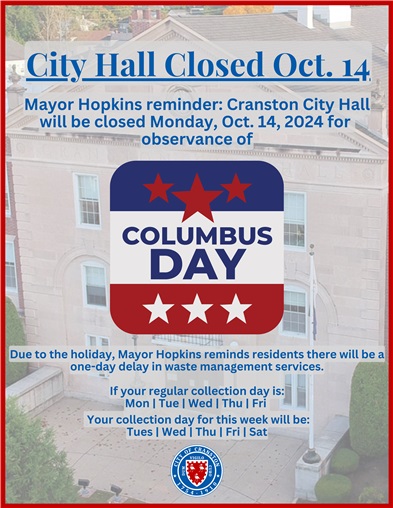 City Hall Closed Oct. 14, 2024, for Observance of Columbus Day